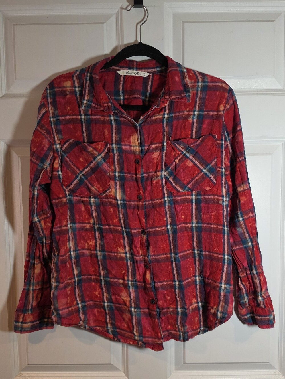 Vanilla Star Red Plaid Bleach Style Button-Up Shirt L